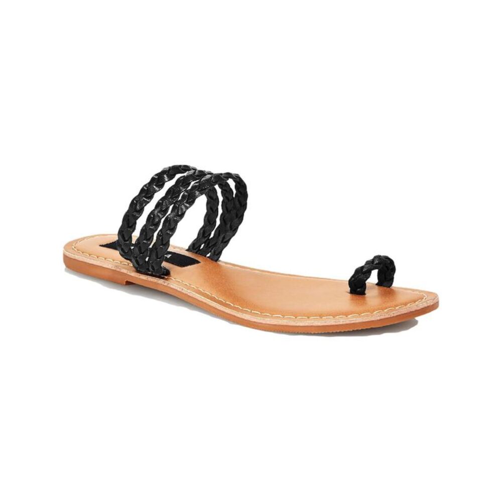 AQUA Womens Black Toe-Loop Braided Slay Slip On Leather Slide Sandals 5.5